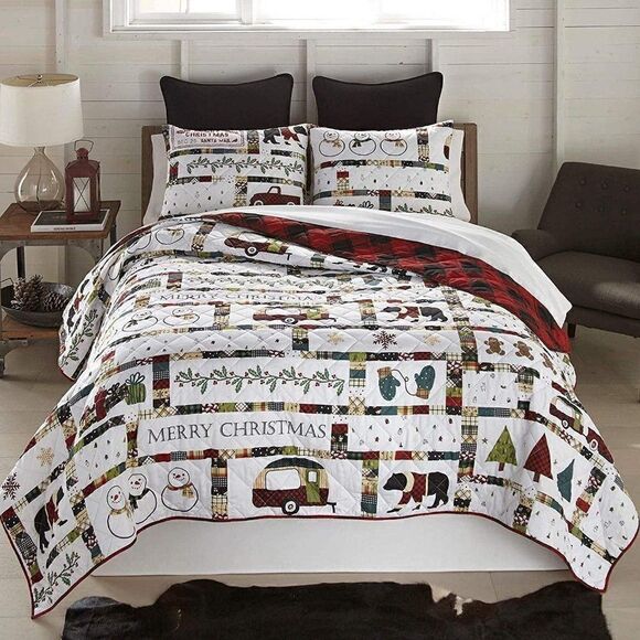 NEW!! Merry Christmas Farmhouse QUEEN Quilt Set - Picture 1 of 6